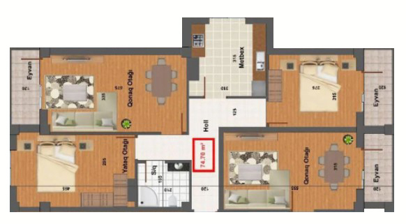 Планировка 4-комнатные квартиры, 74.7 m2 в Masazır City, в г. Масазыра
