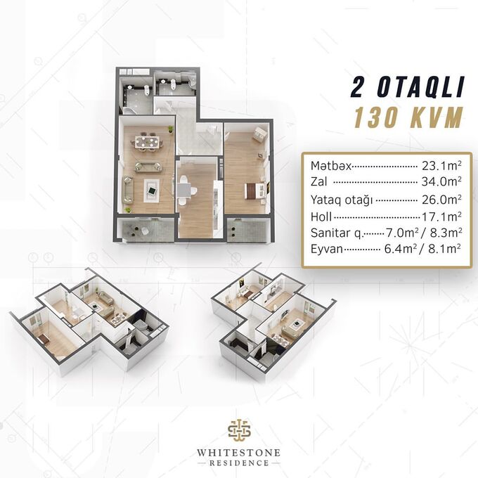 Планировка 2-комнатные квартиры, 130 m2 в Whitestone Residence, в г. Баку
