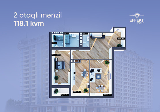 Планировка 2-комнатные квартиры, 118.1 m2 в Effekt Park, в г. Баку