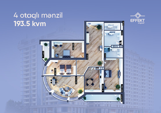 Bakı şəhərinin Effekt Park yaşayış kompleksində 193.5 m2 sahəsi olan 4-otaqlılar mənzillərin planlaşdırılması