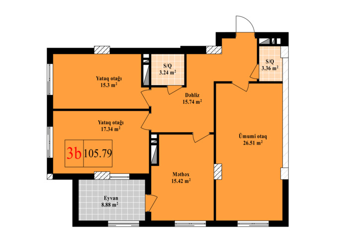 Планировка 3-комнатные квартиры, 105.79 m2 в Nizami City, в г. Баку