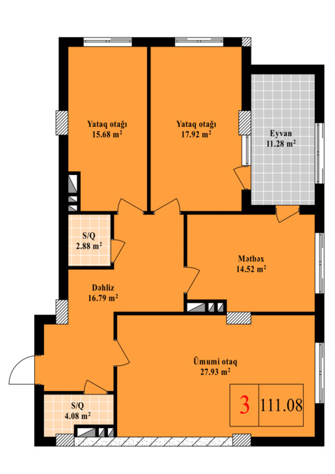 Планировка 3-комнатные квартиры, 111.08 m2 в Nizami City, в г. Баку