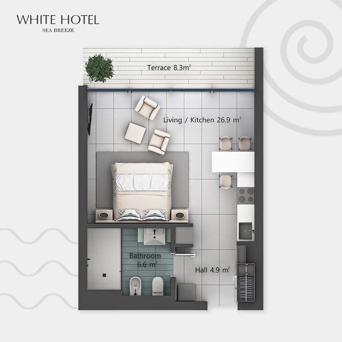 Планировка 1-комнатные квартиры, 55.7 m2 в White Hotel, в г. Баку
