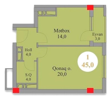 Планировка 1-комнатные квартиры, 45 m2 в Gold Residence, в г. Баку