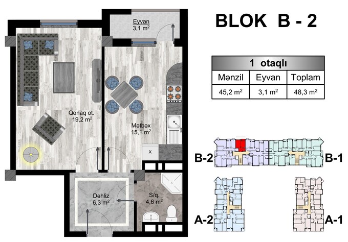 Планировка 1-комнатные квартиры, 48.3 m2 в Zeytunluq, в г. Бакиханова