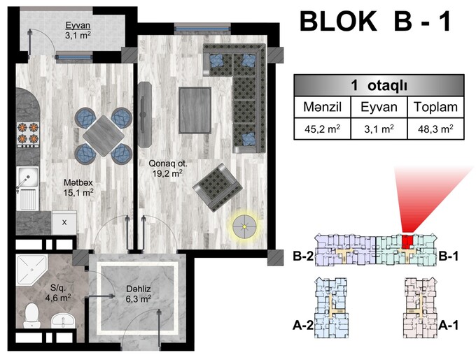 Планировка 1-комнатные квартиры, 48.3 m2 в Zeytunluq, в г. Бакиханова