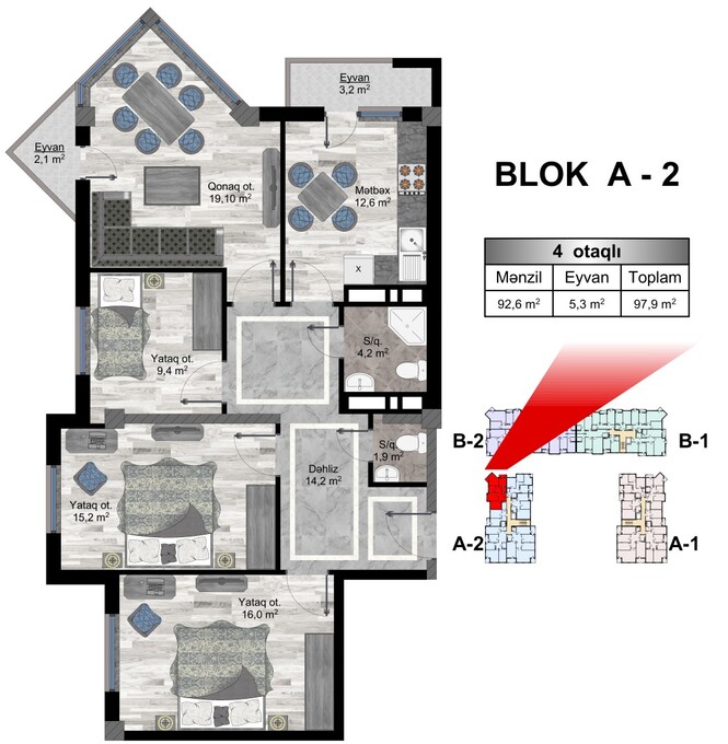 Планировка 4-комнатные квартиры, 97.7 m2 в Zeytunluq, в г. Бакиханова