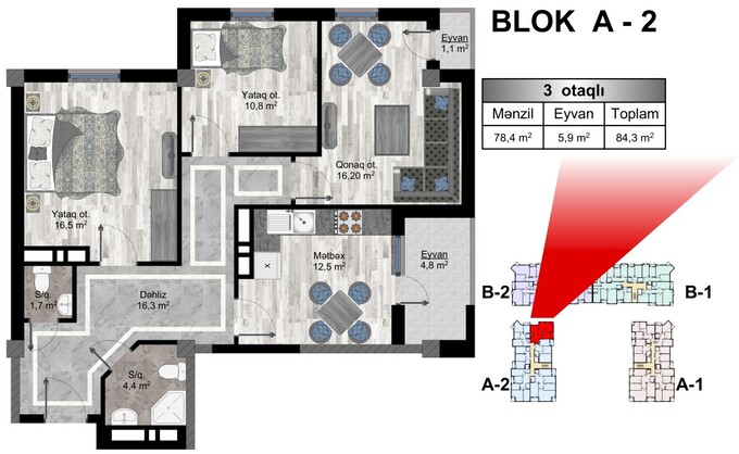 Планировка 3-комнатные квартиры, 84.3 m2 в Zeytunluq, в г. Бакиханова