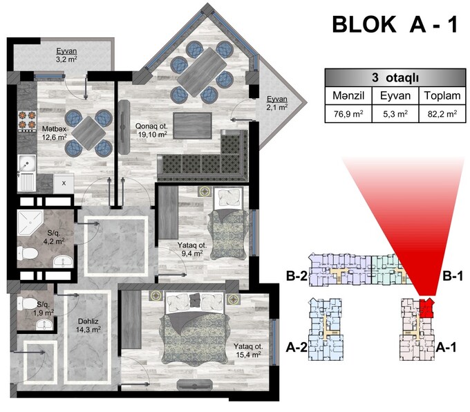 Планировка 3-комнатные квартиры, 82.2 m2 в Zeytunluq, в г. Бакиханова