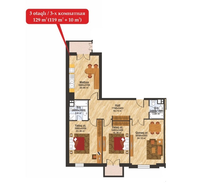 Планировка 3-комнатные квартиры, 129 m2 в Monparnas Residence, в г. Баку