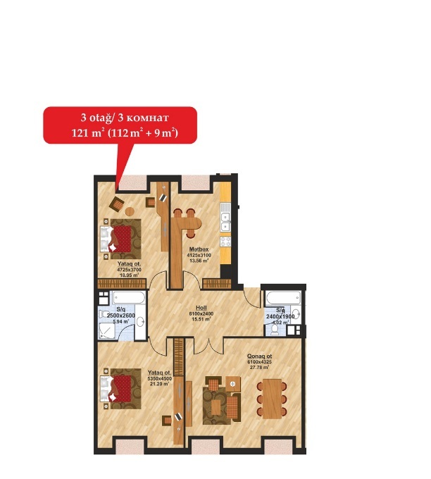 Планировка 3-комнатные квартиры, 121 m2 в Monparnas Residence, в г. Баку