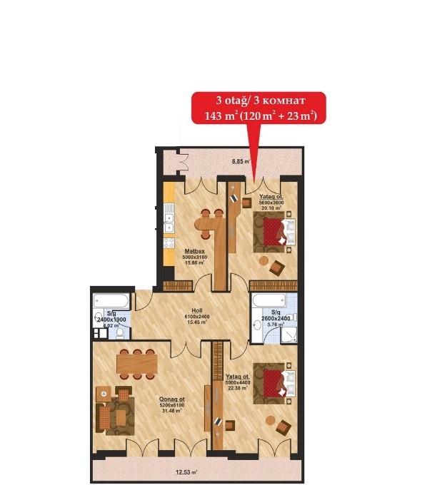 Планировка 3-комнатные квартиры, 143 m2 в Monparnas Residence, в г. Баку