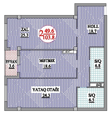 Bakı şəhərinin Nakhchivani Residence yaşayış kompleksində 103.8 m2 sahəsi olan 2-otaqlılar mənzillərin planlaşdırılması
