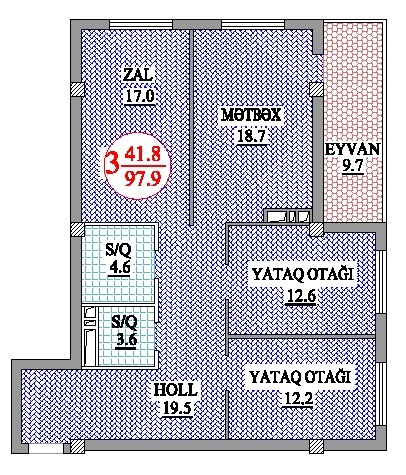 Bakı şəhərinin Nakhchivani Residence yaşayış kompleksində 97.9 m2 sahəsi olan 3-otaqlılar mənzillərin planlaşdırılması