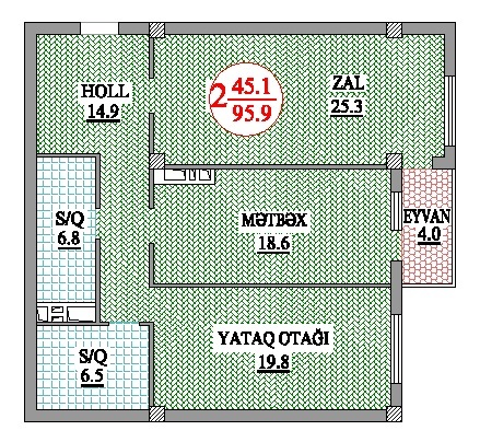 Bakı şəhərinin Nakhchivani Residence yaşayış kompleksində 95.9 m2 sahəsi olan 2-otaqlılar mənzillərin planlaşdırılması