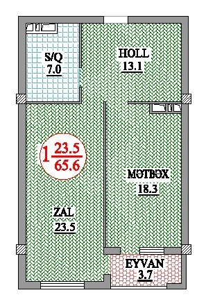 Планировка 1-комнатные квартиры, 65.6 m2 в Nakhchivani Residence, в г. Баку