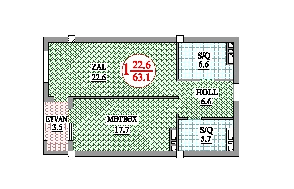 Планировка 1-комнатные квартиры, 63.1 m2 в Nakhchivani Residence, в г. Баку