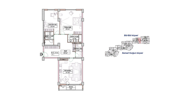 Планировка 3-комнатные квартиры, 133 m2 в Vurğun Residence, в г. Баку
