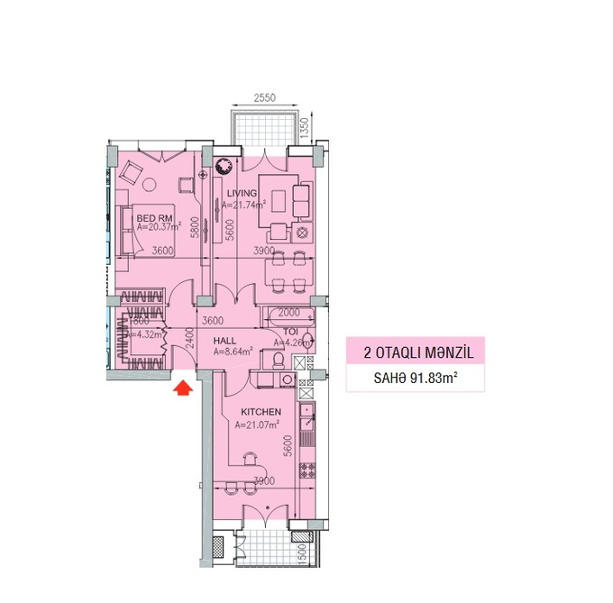 Планировка 2-комнатные квартиры, 91.83 m2 в ЖК Paris Evləri, в г. Баку