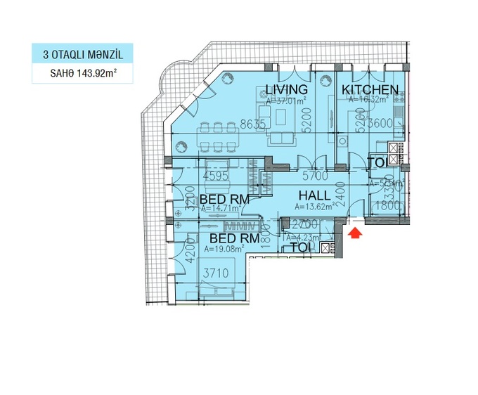 Планировка 3-комнатные квартиры, 143.92 m2 в ЖК Paris Evləri, в г. Баку