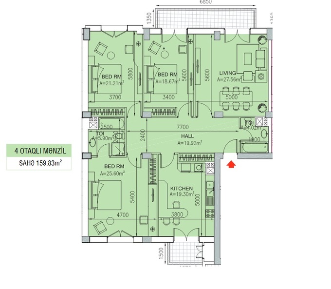 Планировка 4-комнатные квартиры, 159.83 m2 в ЖК Paris Evləri, в г. Баку