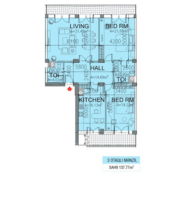 Планировка 3-комнатные квартиры, 137.77 m2 в ЖК Paris Evləri, в г. Баку