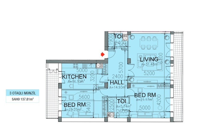 Планировка 3-комнатные квартиры, 137.81 m2 в ЖК Paris Evləri, в г. Баку