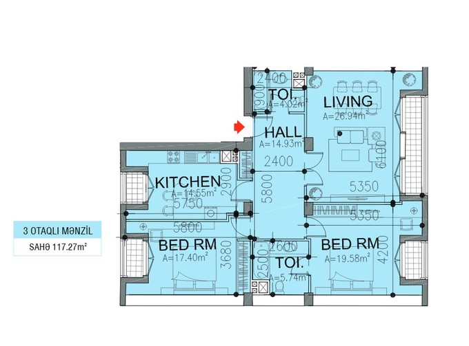 Планировка 3-комнатные квартиры, 117.27 m2 в ЖК Paris Evləri, в г. Баку