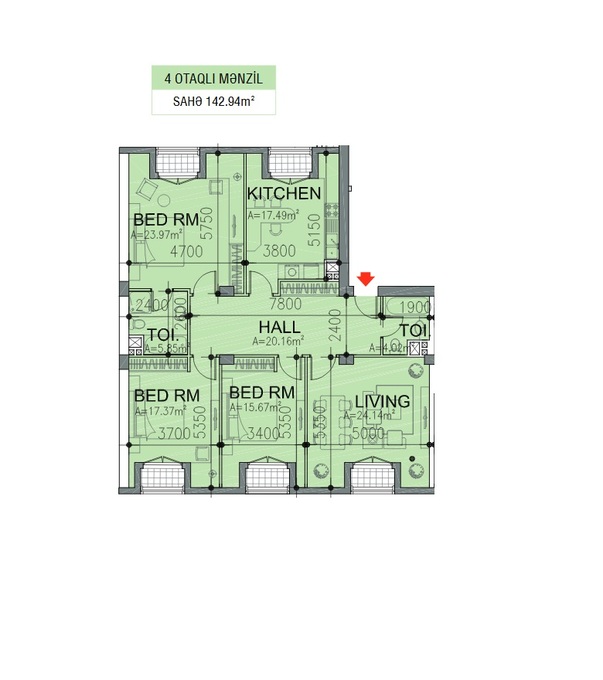 Планировка 4-комнатные квартиры, 142.94 m2 в ЖК Paris Evləri, в г. Баку
