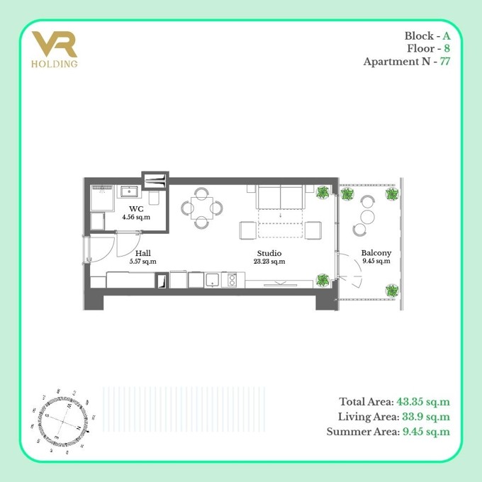 Студия, от $124,198, 43.35 м², Krtsanisi Resort Residence