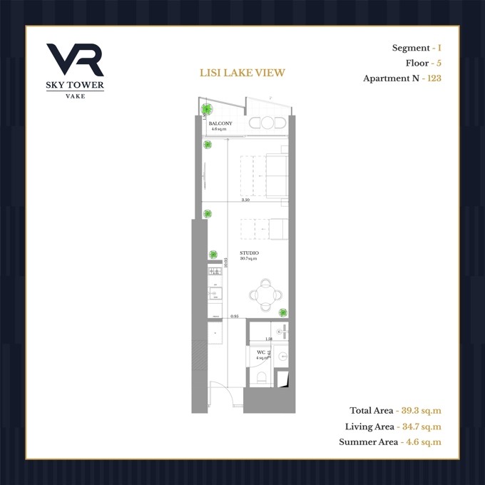 Студия, от $133,620, 39.3 м², VR Vake Sky Tower