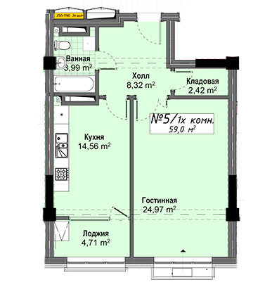 Планировка 1-комнатные квартиры, 59 m2 в ЖК Оникс, в г. Бишкека