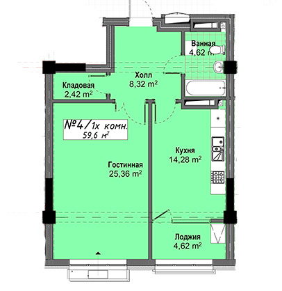 Планировка 1-комнатные квартиры, 59.6 m2 в ЖК Оникс, в г. Бишкека