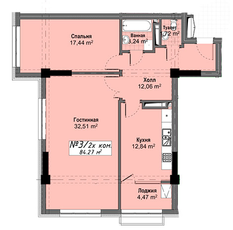 Планировка 2-комнатные квартиры, 84.27 m2 в ЖК Оникс, в г. Бишкека