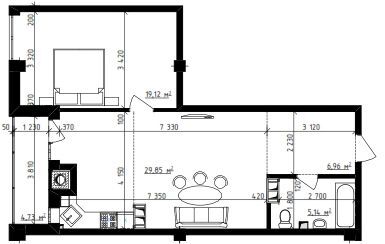 Планировка 2-комнатные квартиры, 65.8 m2 в ЖК Атлантис, в г. Бишкека
