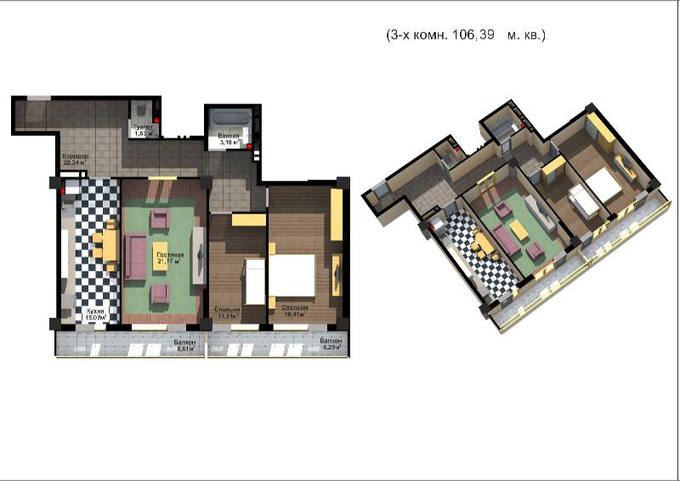 Планировка 3-комнатные квартиры, 106.39 m2 в ЖК Мурас, в г. Бишкека