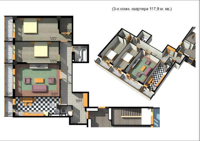Планировка 3-комнатные квартиры, 117.9 m2 в ЖК Мурас, в г. Бишкека