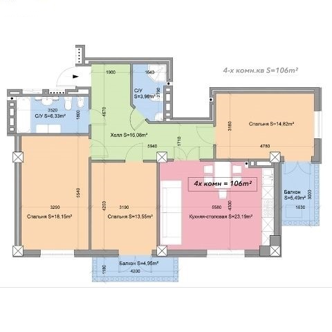 Планировка 4-комнатные квартиры, 106 m2 в ЖК Riverside, в г. Бишкека