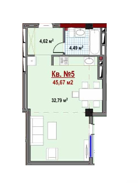 Планировка 1-комнатные квартиры, 45.67 m2 в ЖД Каприз, в г. Бишкека