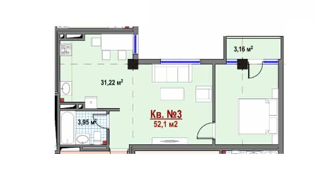 Планировка 2-комнатные квартиры, 52.1 m2 в ЖД Каприз, в г. Бишкека