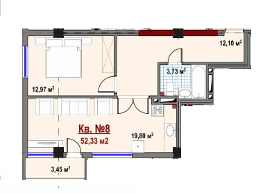 Планировка 2-комнатные квартиры, 52.33 m2 в ЖД Каприз, в г. Бишкека