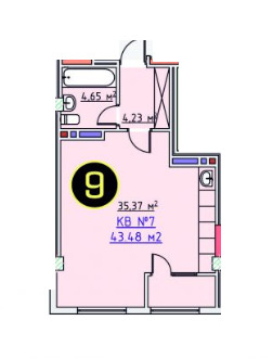 Планировка 1-комнатные квартиры, 43.48 m2 в ЖД Эскалейд, в г. Бишкека