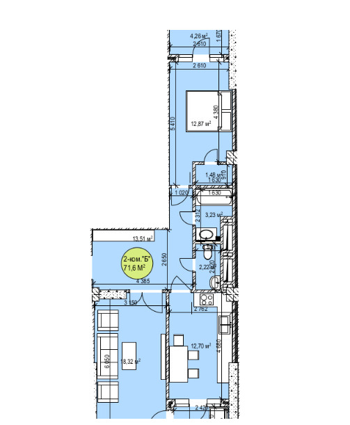 Планировка 2-комнатные квартиры, 71.6 m2 в ЖК Чынгыз Айтматов Ордосу, в г. Бишкека