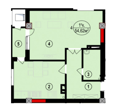 Планировка 1-комнатные квартиры, 54.62 m2 в ЖД на Ибраимова, в г. Бишкека