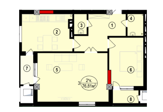 Планировка 2-комнатные квартиры, 76.81 m2 в ЖД на Ибраимова, в г. Бишкека