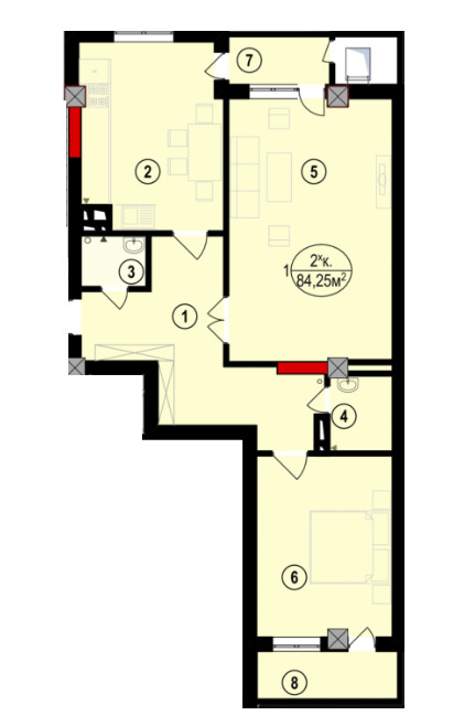 Планировка 2-комнатные квартиры, 84.25 m2 в ЖД на Ибраимова, в г. Бишкека