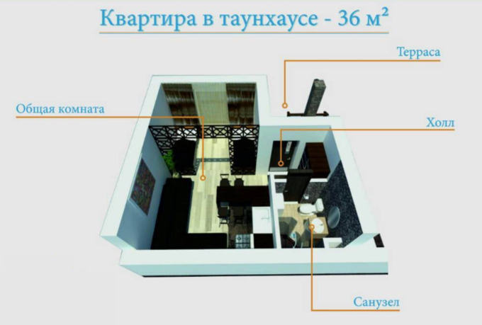 Планировка 1-комнатные квартиры, 36 m2 в КГ Diamond Resort, в г. Иссык-Кульского района