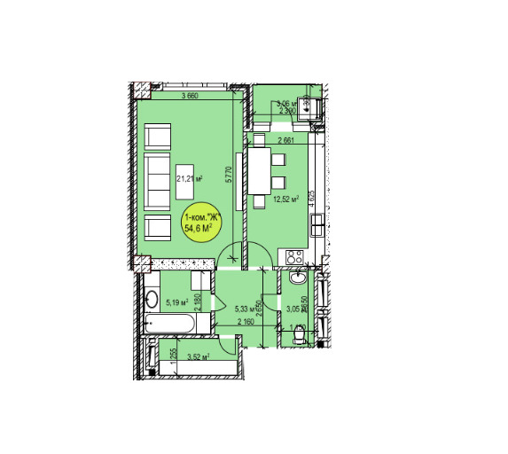 Планировка 1-комнатные квартиры, 54.6 m2 в ЖК Чынгыз Айтматов Ордосу, в г. Бишкека