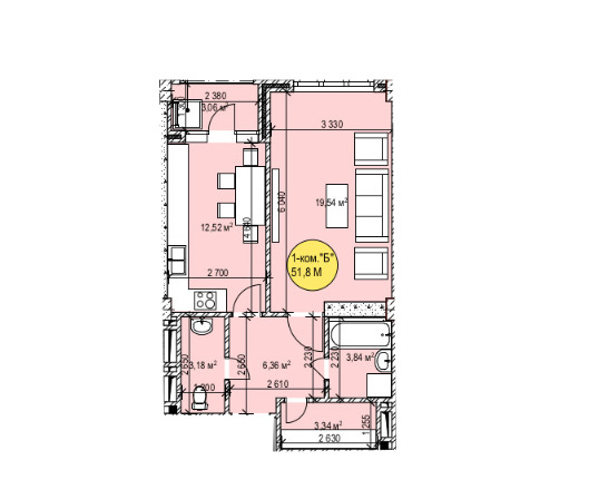 Планировка 1-комнатные квартиры, 51.8 m2 в ЖК Чынгыз Айтматов Ордосу, в г. Бишкека