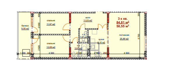 Планировка 3-комнатные квартиры, 84.81 m2 в ЖК Стимул, в г. Бишкека